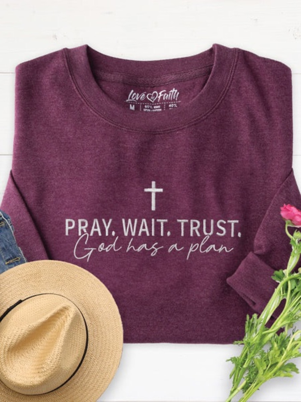 Plum 'Pray. Wait. Trust.' Crewneck Sweater